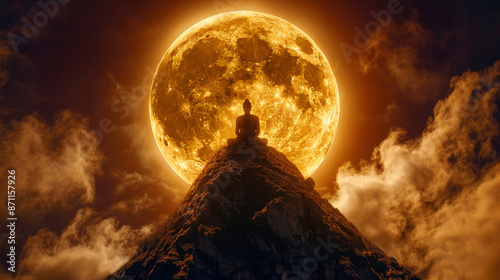 A majestic Buddha statue, silhouetted against the moonlit backdrop of a breathtaking supermoon atop a serene mountain, embodies wisdom and serenity, evoking a profound sense of spiritual contemplation photo