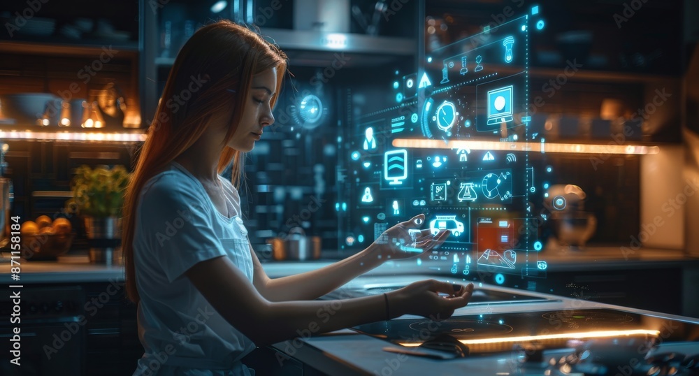 Woman in a modern kitchen interacting with futuristic virtual reality interface Woman in a modern kitchen interacting with futuristic virtual reality interface
