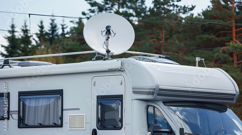 On top of the camper vehicle is a satellite dish. TV connection. Travel holidays in motor home.