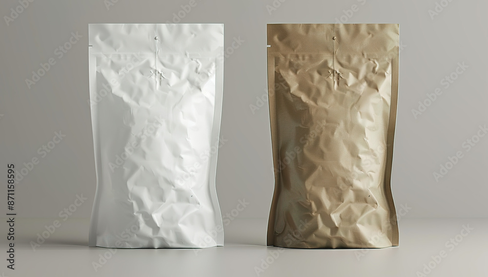 Crumpled white and brown stand-up pouches placed side by side on a white surface. Crumpled white and brown stand-up pouches placed side by side on a white surface.