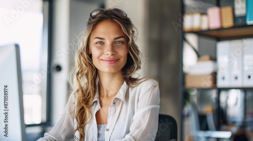 A woman with long hair smiling in a bright, modern professional office, wearing a white shirt. The office environment is well-lit, organized, and full of positive energy. photo