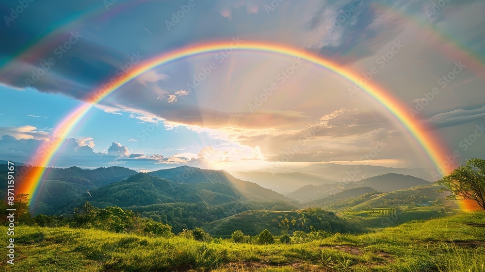 Bright rainbow over springtime countryside Bright rainbow over springtime countryside
