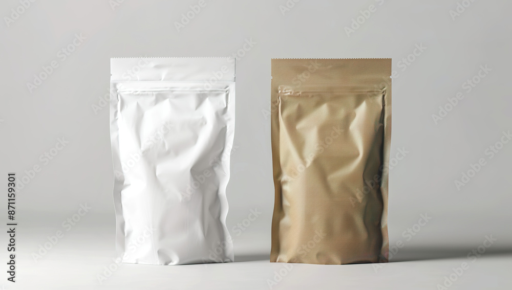 White and brown stand-up pouches, placed side by side on a white surface with a gray background. White and brown stand-up pouches, placed side by side on a white surface with a gray background.