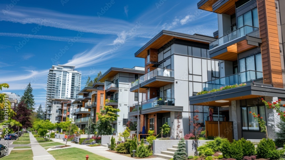 A row of contemporary apartment buildings with balconies, green landscaping, and a clear blue sky in Vancouver A row of contemporary apartment buildings with balconies, green landscaping, and a clear blue sky in Vancouver