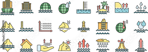 Sea level rise icons set outline vector. Water level. Nature disaster thin line color flat on white