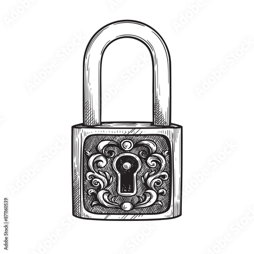 Vintage padlock with ornaments. Hand drawn sketch of safety and security symbol. Retro style. Vector illustration isolated on white.