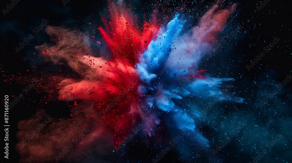 Explosion of blue and red powder on black background. Colored clouds. Multicolored dust explosion. Painted Holi. Female Indian engineer working with documents at ready-made work site. Explosion of blue and red powder on black background. Colored clouds. Multicolored dust explosion. Painted Holi. Female Indian engineer working with documents at ready-made work site.