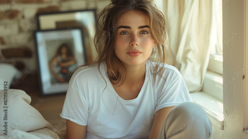 A telephoto angle image of a pensive woman in a white t-shirt sitting on the floor in her bedroom, holding a framed photo of a loved one, lost in memories, environmental scientists A telephoto angle image of a pensive woman in a white t-shirt sitting on the floor in her bedroom, holding a framed photo of a loved one, lost in memories, environmental scientists