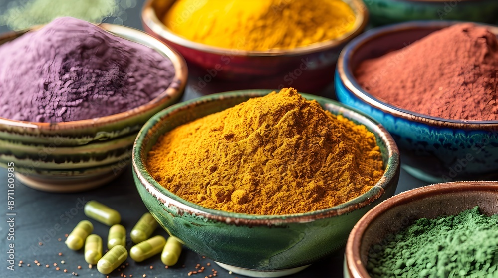 Vibrant Assortment of Aromatic Spices and Herbs in Ceramic Bowls for Flavorful Cuisine Vibrant Assortment of Aromatic Spices and Herbs in Ceramic Bowls for Flavorful Cuisine