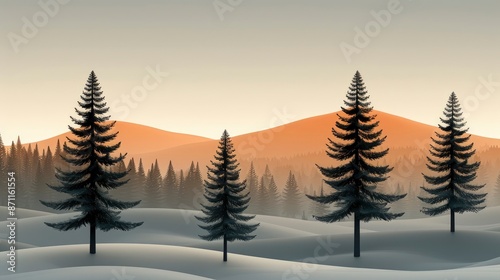  A minimalist low-poly illustration of a green forest with tall trees, against the backdrop of a light blue sky, 