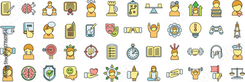 Coping skills icons set outline vector. Love stress. Breath anxiety thin line color flat on white