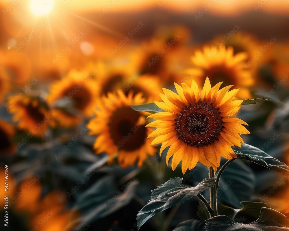 Fototapeta premium Golden field of sunflowers with tall green stems, basking in the warm sunlight, ideal for illustrating the lush, radiant splendor of a summer day in the countryside