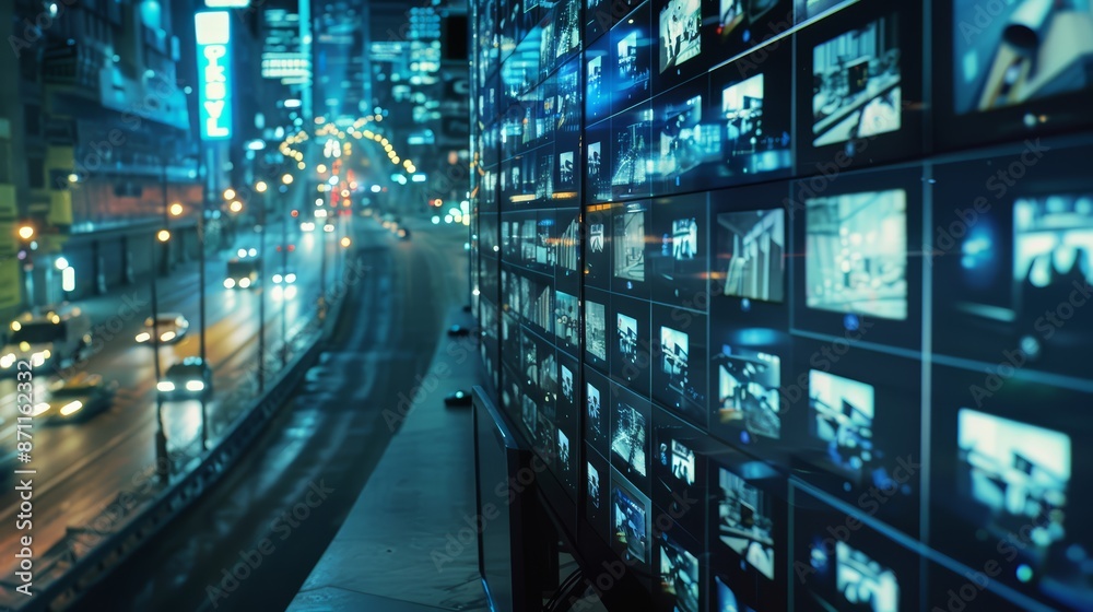 A dispatch center with a digital wall display showing live feeds from surveillance cameras across a city A dispatch center with a digital wall display showing live feeds from surveillance cameras across a city