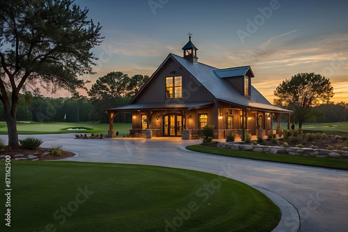 A barndominium with a shop behind it on it in a modern but classic country style