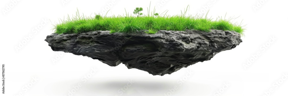 Piece of ground covered with grass is floating in the air. Flying island isolated on white background Piece of ground covered with grass is floating in the air. Flying island isolated on white background