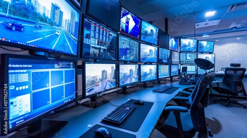 A dispatch room filled with computer monitors showing real-time updates of transportation movements © Emil