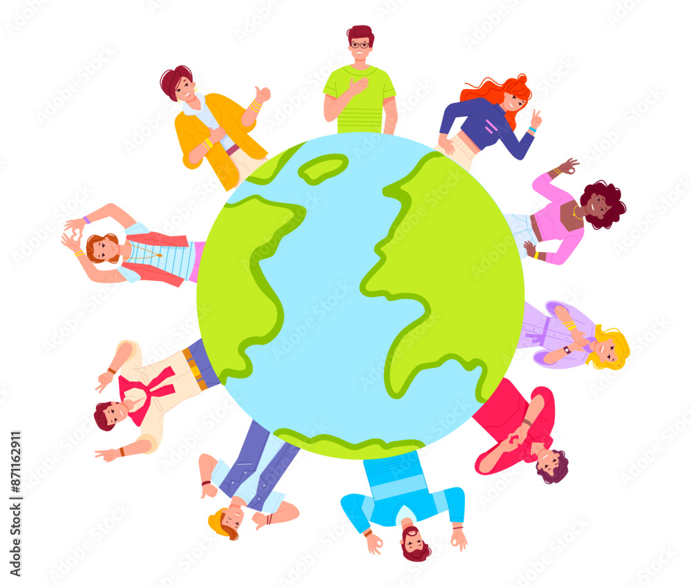 Obraz premium People around the planet. Europe citizens multi cultural people holding hands world earth globe protection together, sustainable global ecology care eco concept illustration