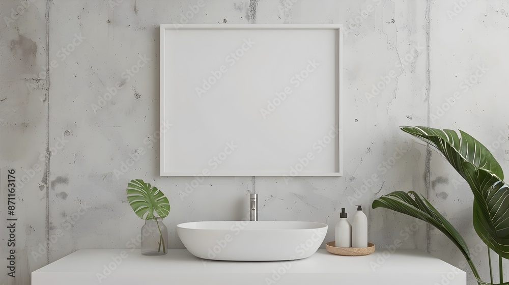 Fototapeta premium Minimalist Bathroom Mockup with Empty Frame on Neutral Background