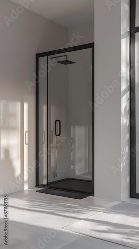 Minimalist Bathroom Interior with Sleek Glass Shower and Bright Natural Lighting