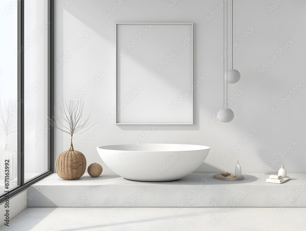Fototapeta premium Minimalist Bathroom with Sleek Steel and Stone Accents,Clean Modern Interior Design,3D Rendering