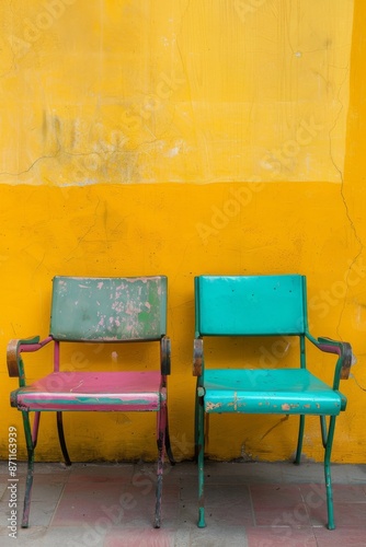 Two old green chairs in front of yellow and orange painted wall.