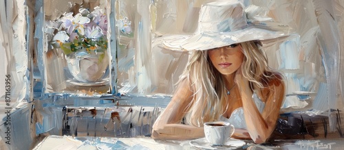 Elegant Woman in White Hat Enjoys Coffee. Impressionist Painting of Beauty, Fashion, and Relaxation