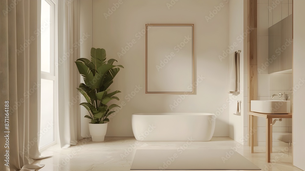 Minimalist Bathroom with Vibrant Shower Curtains,Clean Interior Design and Frame Mockup Minimalist Bathroom with Vibrant Shower Curtains,Clean Interior Design and Frame Mockup