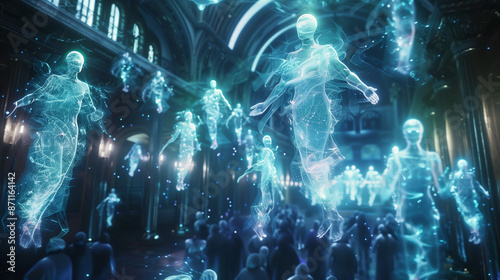 A high-resolution, hyper-realistic digital art rendering of an ancient university hall filled with holographic figures and projections.