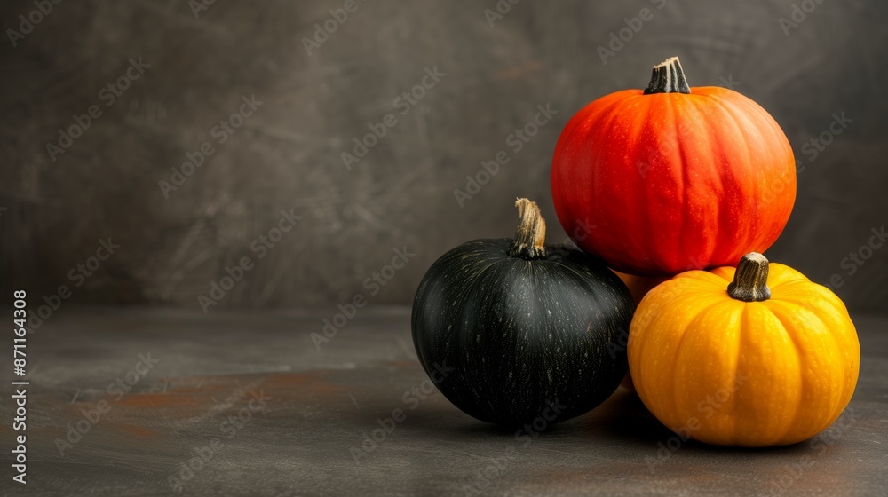 Three pumpkins of different colors rest on a gray surface Three pumpkins of different colors rest on a gray surface