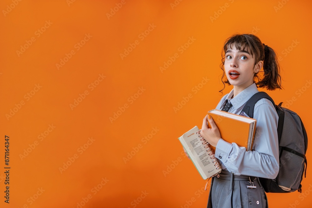 Excited Schoolgirl Holding Books in Uniform with Backpack Against Bright Orange Background, Generative AI Excited Schoolgirl Holding Books in Uniform with Backpack Against Bright Orange Background, Generative AI