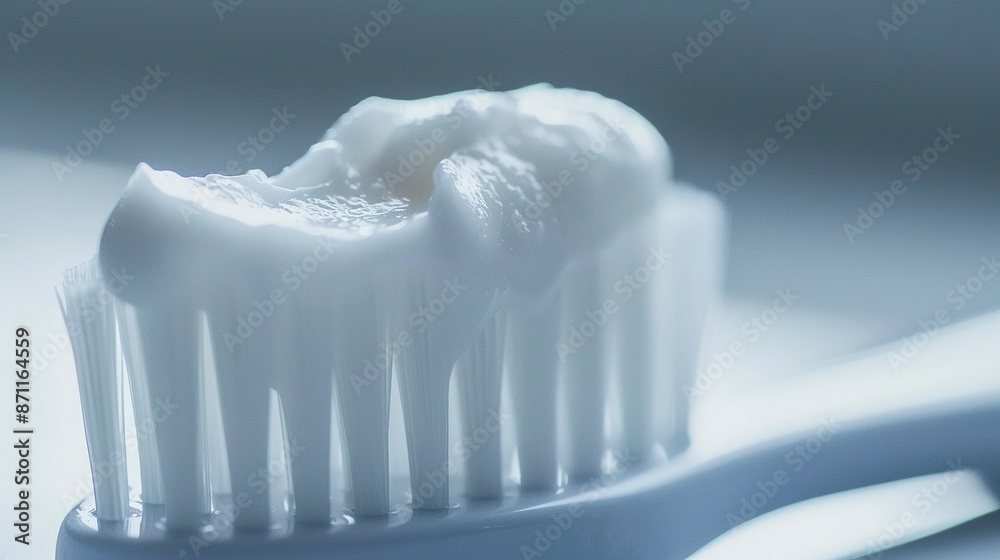 A close-up of a toothbrush displaying soft bristles, with a perfect amount of toothpaste squeezed out. Toothbrush with paste in white and blue tones. A close-up of a toothbrush displaying soft bristles, with a perfect amount of toothpaste squeezed out. Toothbrush with paste in white and blue tones.