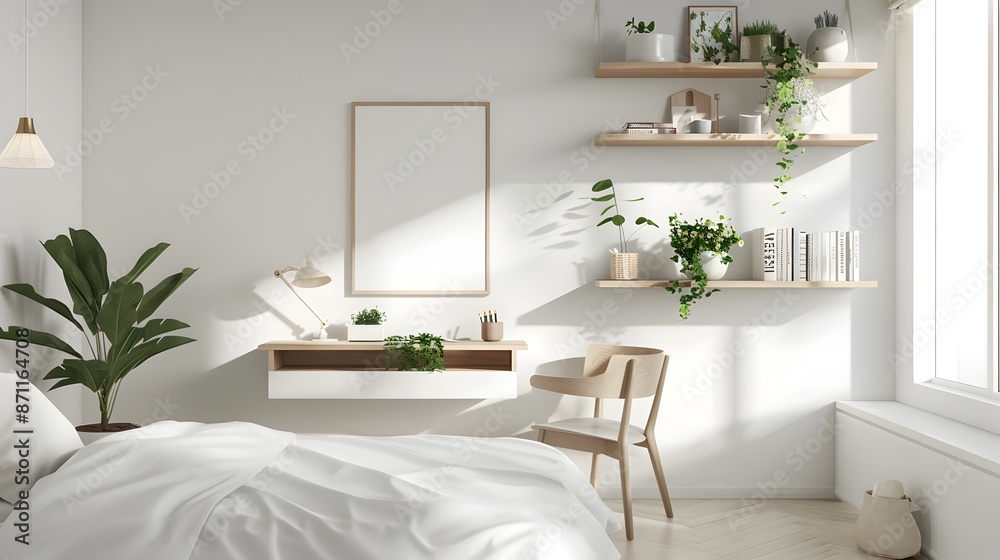 Minimalist Bedroom with Built-in Desk and Shelving,Clean and Sleek Interior Design Minimalist Bedroom with Built-in Desk and Shelving,Clean and Sleek Interior Design