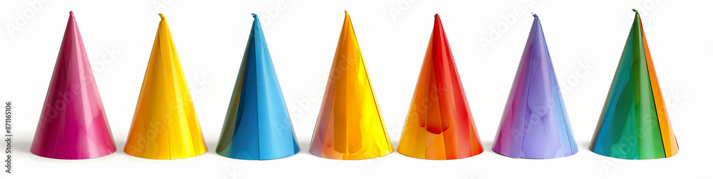Fototapeta premium A row of colorful party hats in various colors arranged in a line against a white background.