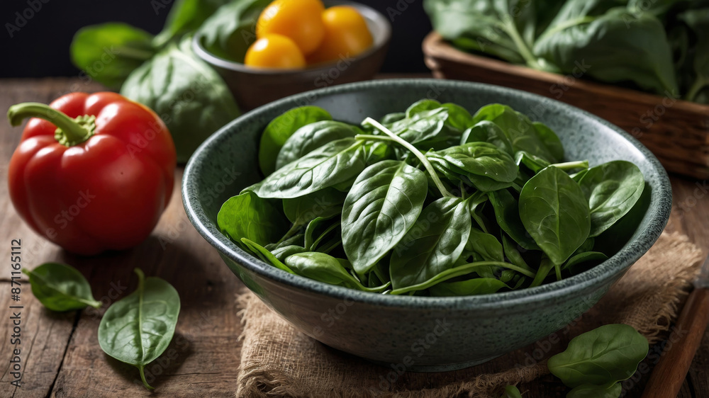 Fresh Spinach Leaves in a Bowl on a Wooden Table Fresh Spinach Leaves in a Bowl on a Wooden Table