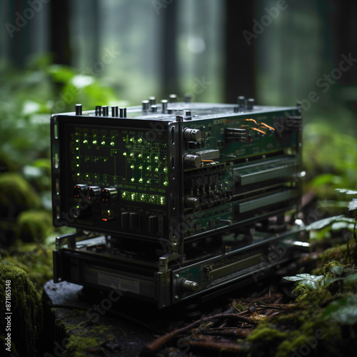 Advanced sensors monitoring environmental conditions in a dense forest against an emerald green background. photo