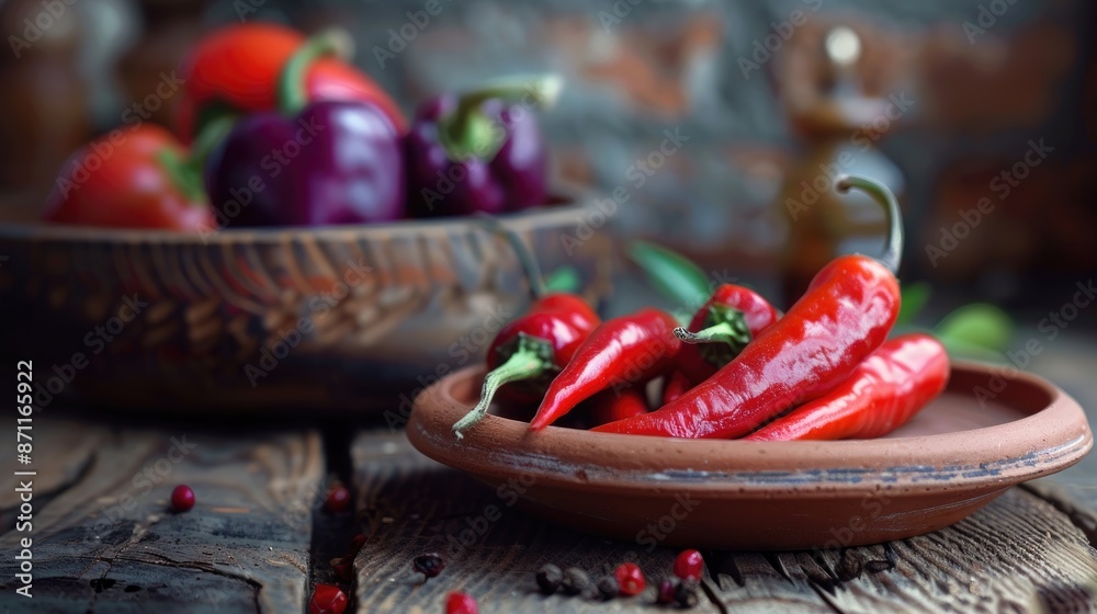 Pink and red peppers on a clay plate on wood backdrop Pink and red peppers on a clay plate on wood backdrop