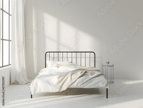 Minimalist Bedroom with Steel Bed Frame and Clean Interior Design in 3D Rendering