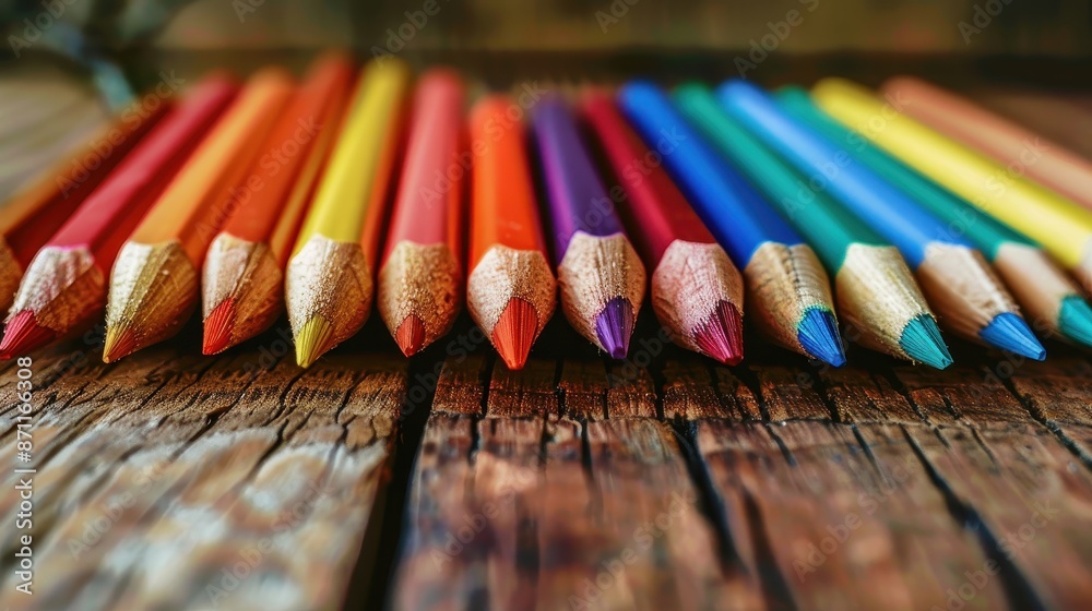 A closeup view of twelve colored pencils, neatly aligned on a rustic wooden surface, featuring various vibrant colors, highlighting creativity and artistic flair. A closeup view of twelve colored pencils, neatly aligned on a rustic wooden surface, featuring various vibrant colors, highlighting creativity and artistic flair.