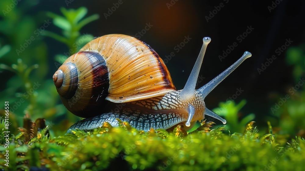 A beautiful snail with an intricately patterned shell glides over a lush, green forest floor, capturing the serene and delicate beauty of the woodland environment. A beautiful snail with an intricately patterned shell glides over a lush, green forest floor, capturing the serene and delicate beauty of the woodland environment.
