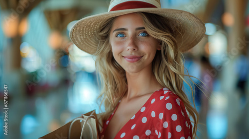 Influencer Tourist Woman Shopping at Dubai Mall, holding shopping bags and smiling