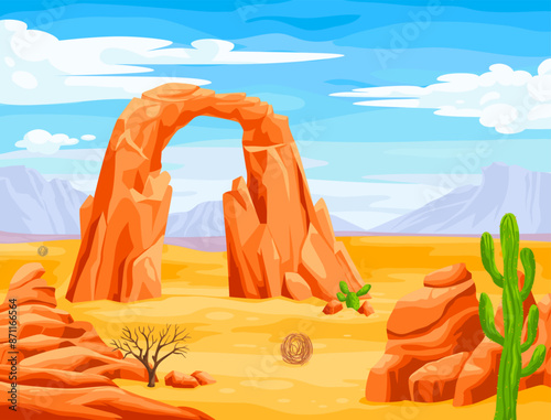 Desert arc. Western canyon utah africa sahara cartoon landscape, hot dry nature tumbleweed dirt rock tumble weed mexico land wild west game background ingenious illustration