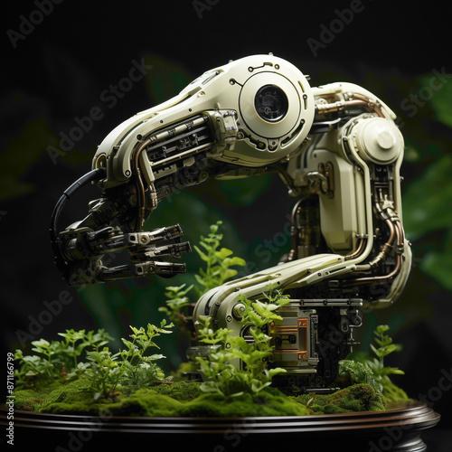 An AI-powered robotic arm analyzing plant genetics against a lush green background. photo