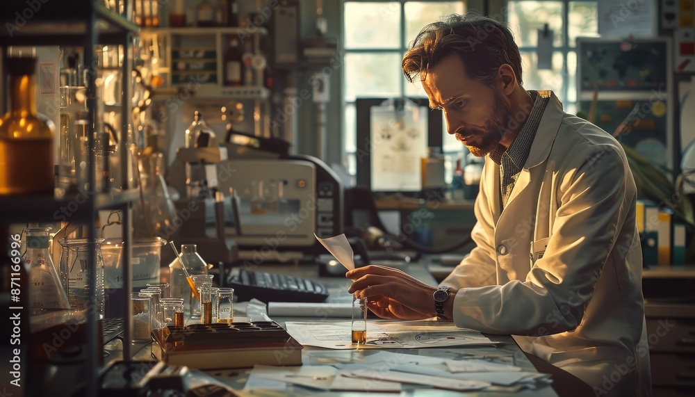 A scientist in a laboratory carefully examining a test tube, with various scientific instruments and charts in the background A scientist in a laboratory carefully examining a test tube, with various scientific instruments and charts in the background