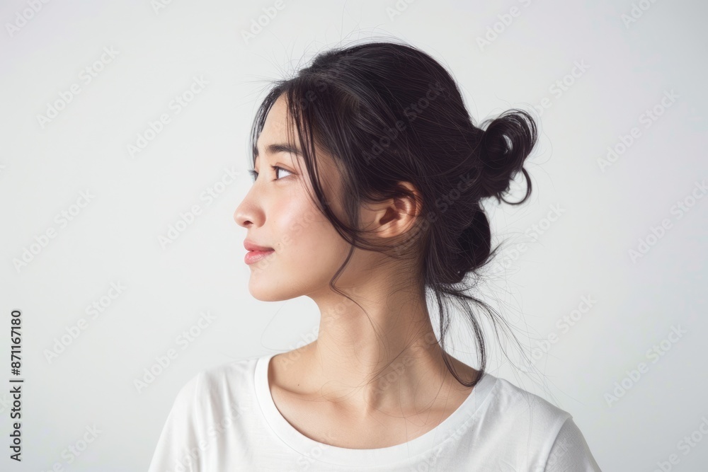 Asian Woman Profile. Young Beautiful Chinese Woman in Casual T-Shirt, Side Profile with Confident Smile Asian Woman Profile. Young Beautiful Chinese Woman in Casual T-Shirt, Side Profile with Confident Smile