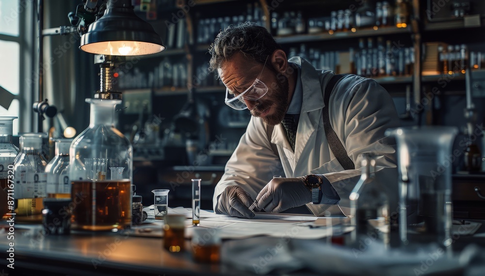 A scientist in a laboratory carefully examining a test tube, with various scientific instruments and charts in the background A scientist in a laboratory carefully examining a test tube, with various scientific instruments and charts in the background