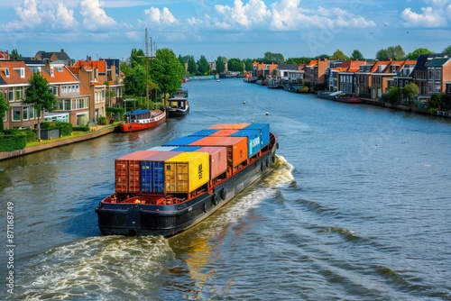 Barge Shipping. Logistics of Inland Transportation on Maas River in Holland