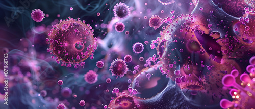 Detailed microscopic image of purple virus particles, highlighting their complex structures and interactions in a vibrant color palette.  © Mateusz
