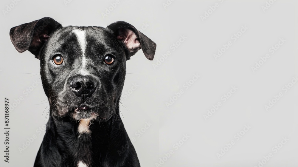 Serious mixed breed canine portrait with white background and space for text Serious mixed breed canine portrait with white background and space for text