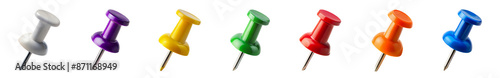 Row of seven colorful push pins in white, purple, yellow, green, red, orange, and blue - isolated transparent png photo