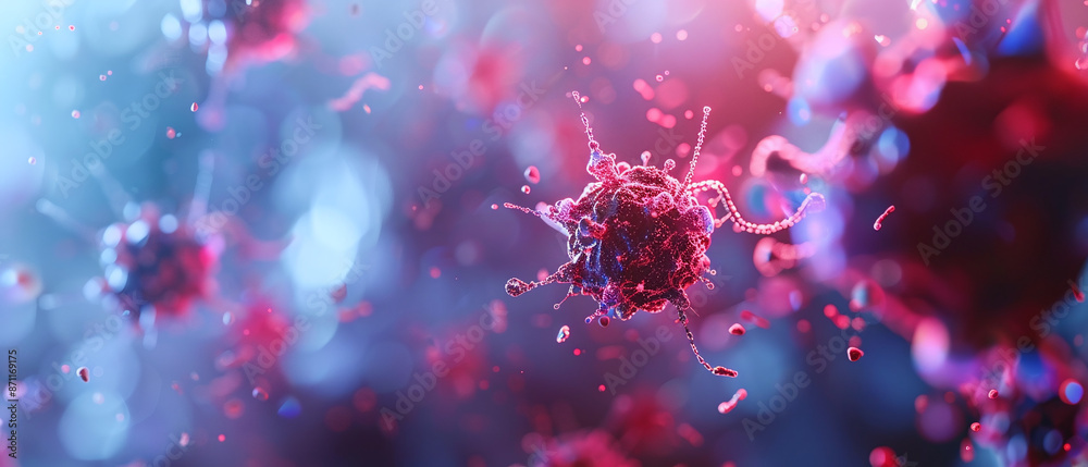 Detailed view of microscopic virus particles in fluid motion, highlighting the intricate structures and dynamic interactions.
Detailed view of microscopic virus particles in fluid motion, highlighting the intricate structures and dynamic interactions.